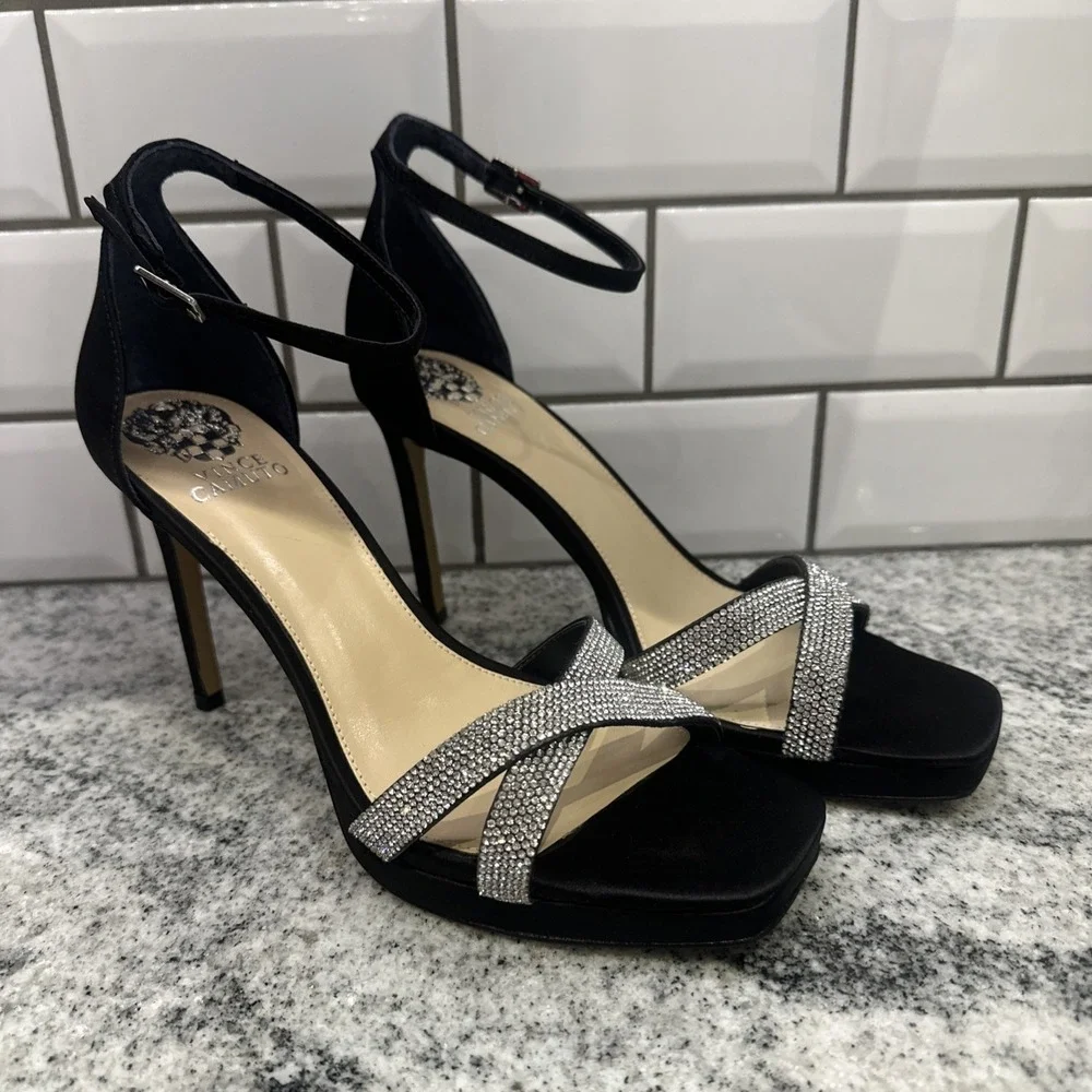 Vince Camuto Kalvira 2 Ankle Strat Black Satin Heels Women's 9 M rhinestones New